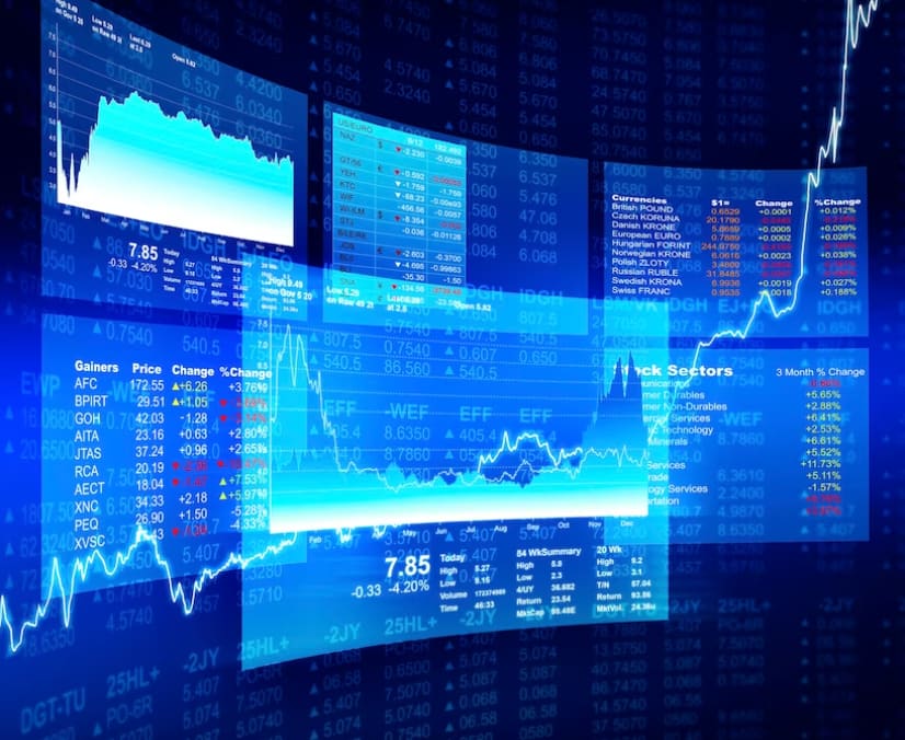 Digital stock market display with graphs and figures indicating trends