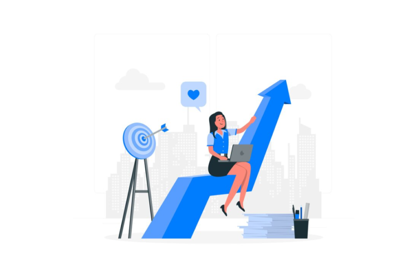 A woman sits on a rising arrow, symbolizing growth with targets and likes