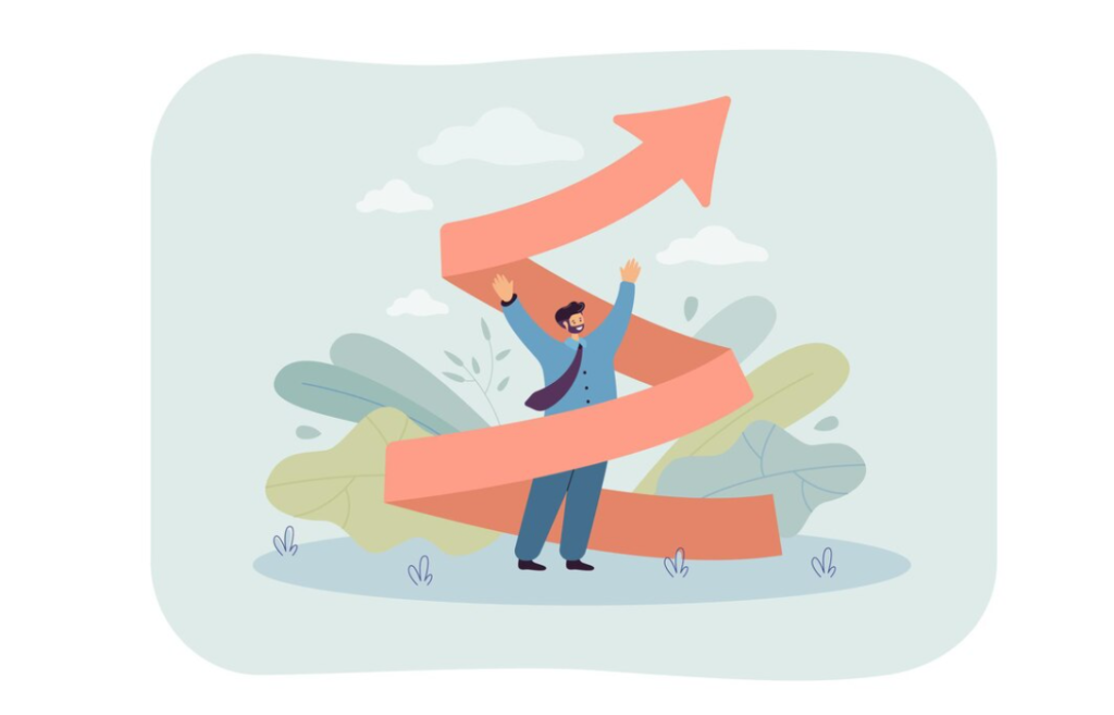 A man joyfully lifts a spiraling arrow upwards, representing success