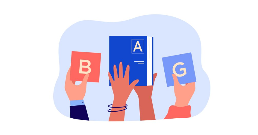 Three hands holding up letters B, A, and G from a card set
