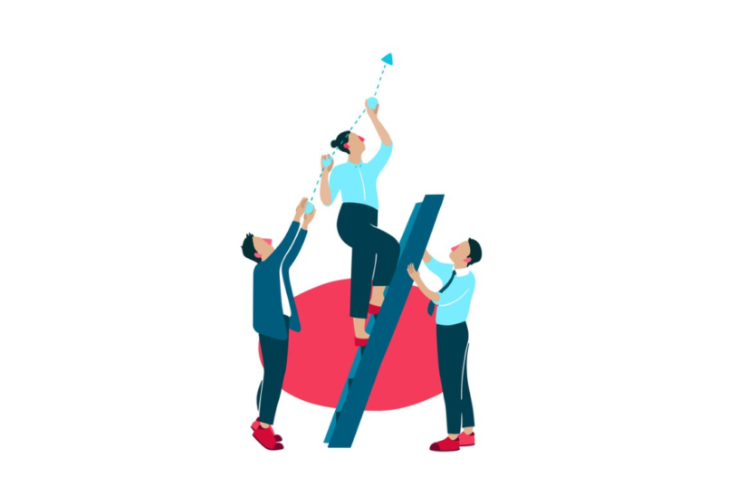 A team assists a person climbing a graph to launch a rocket