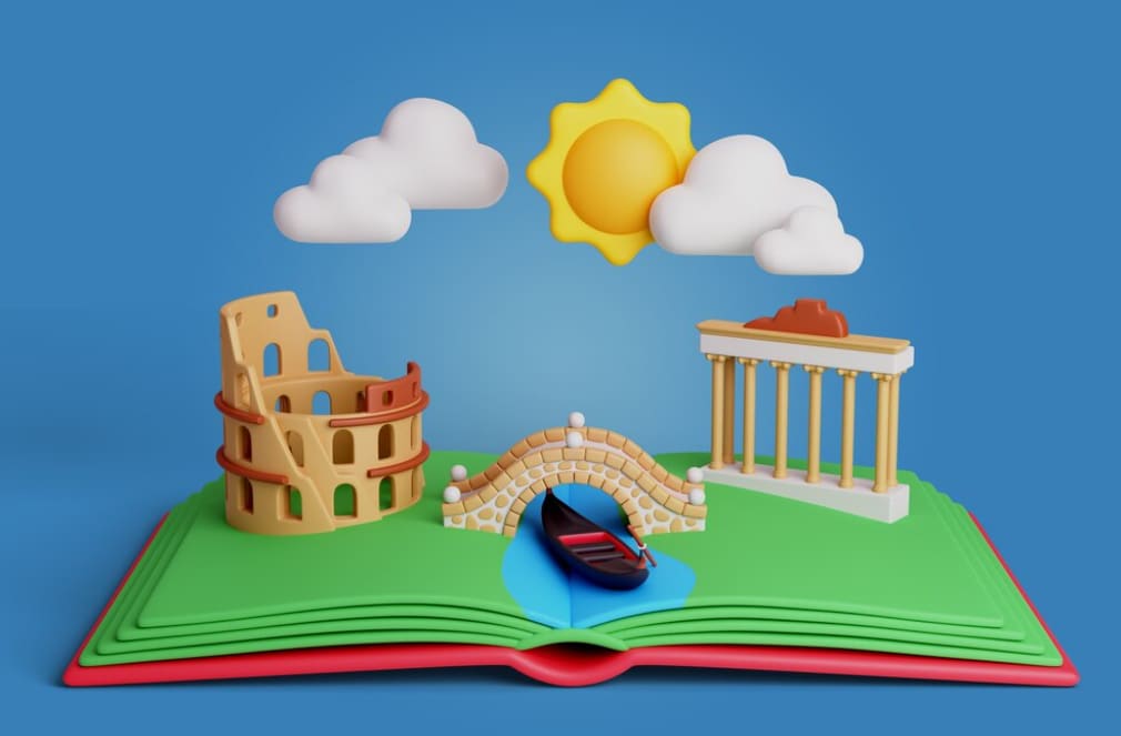 A colorful pop-up book illustrating European landmarks
